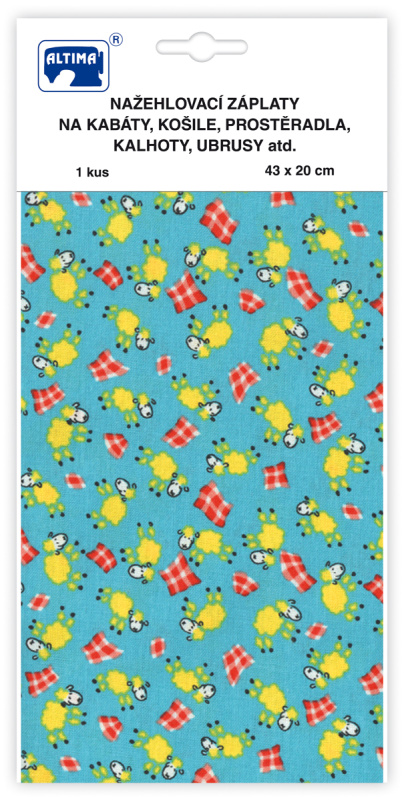 Nažehlovací záplaty s potiskem velké - ovečky na světle modrém podkladu - visačka